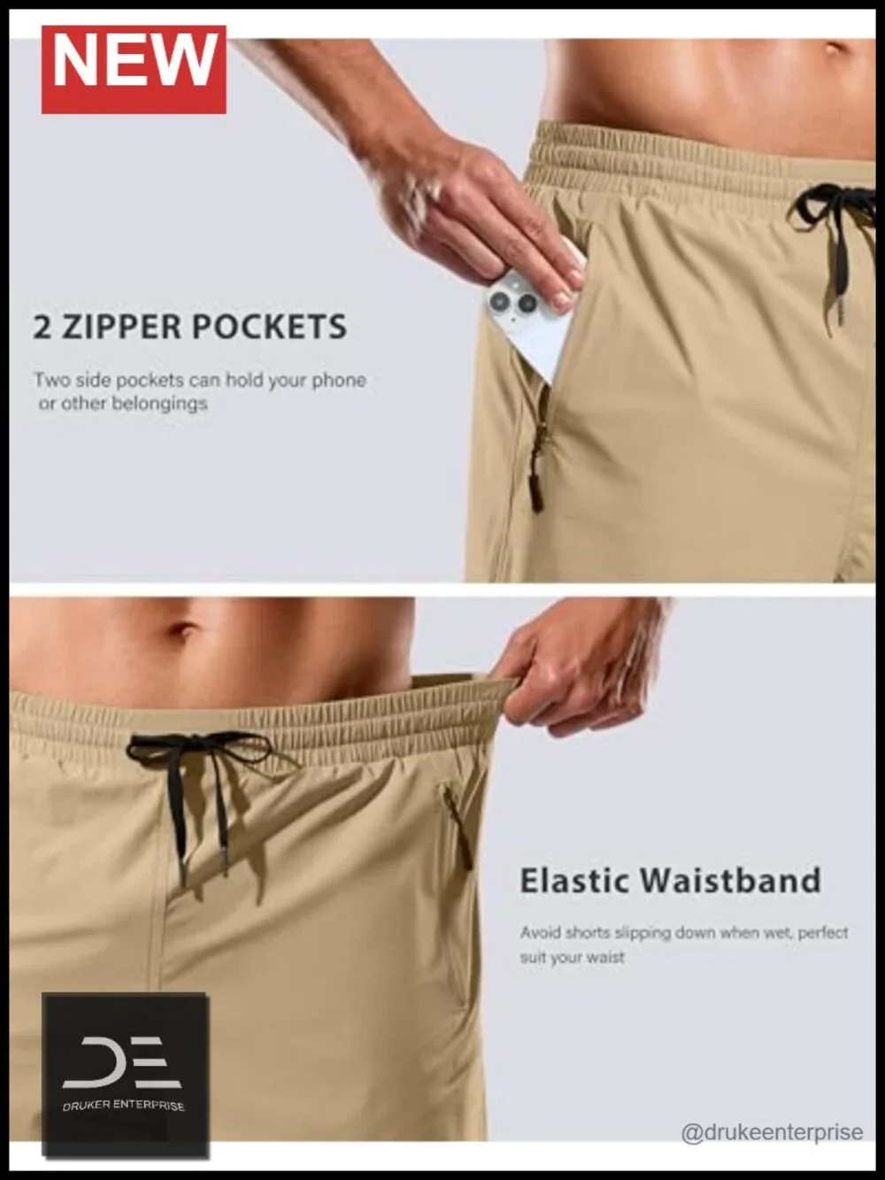 Mens Swim Trunks with Compression Liner Quick Dry Board Shorts Zipper Pockets
